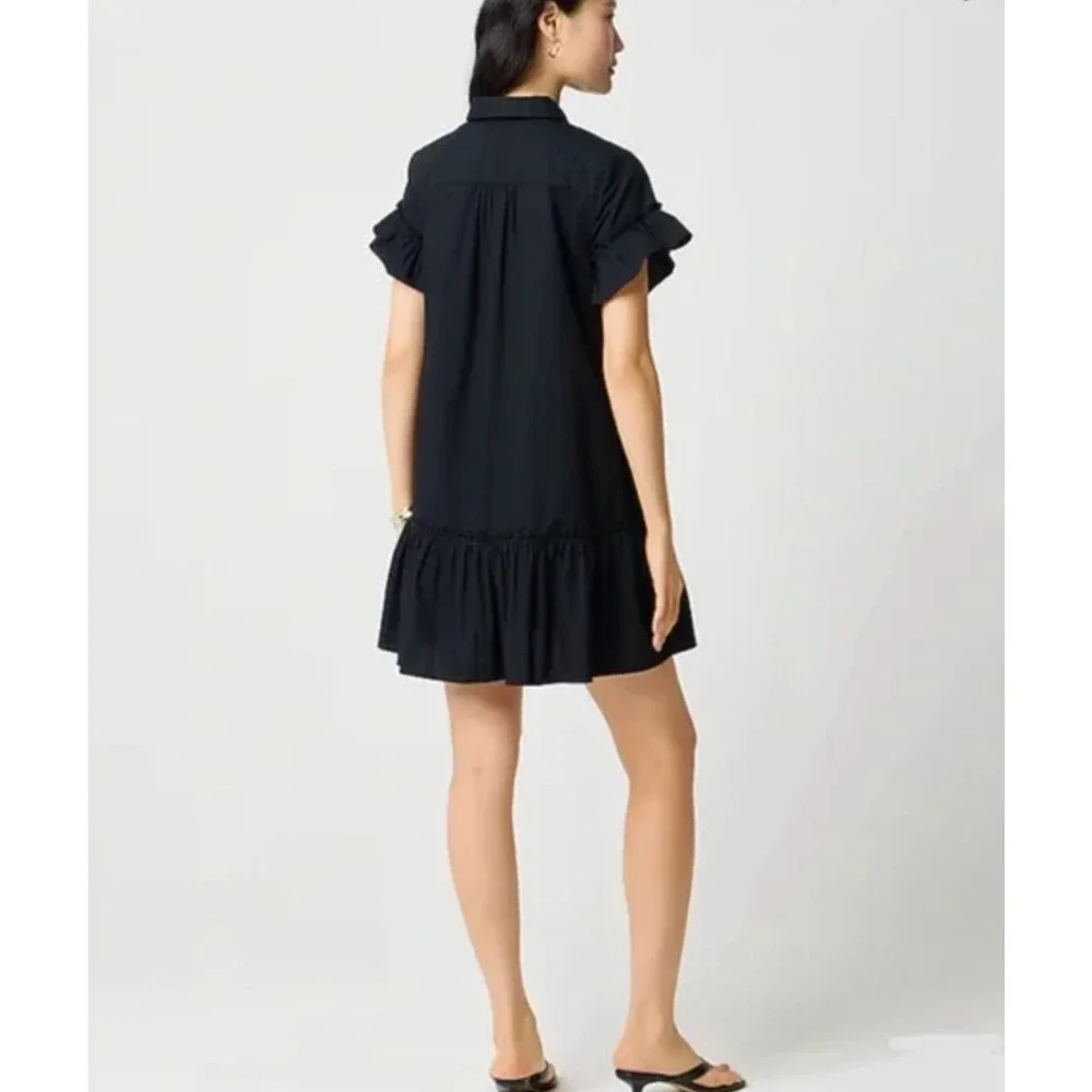 J.Crew Ruffle Sleeve Mini Shirt Dress Cotton Pockets Classic Black US 2 NWT